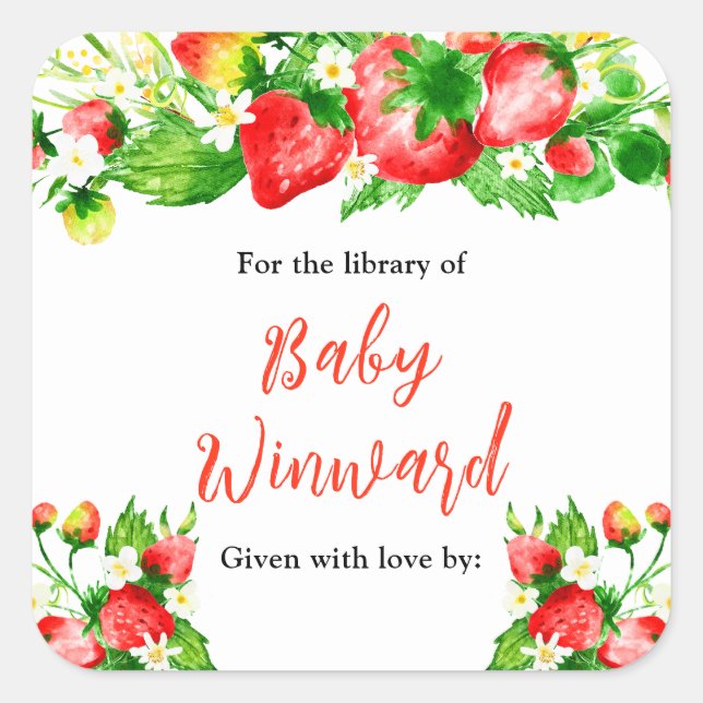 Adesivo Quadrado Strawberries and Daisies Baby Shower Bookplate (Frente)