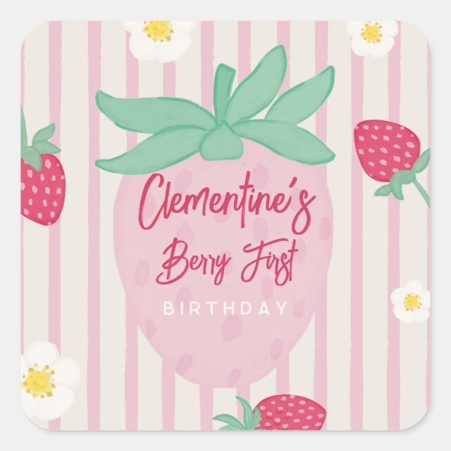 Adesivo Quadrado Strawberry Berry First Birthday Sticker (Frente)
