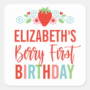 Adesivo Quadrado Strawberry Berry First Girl Birday