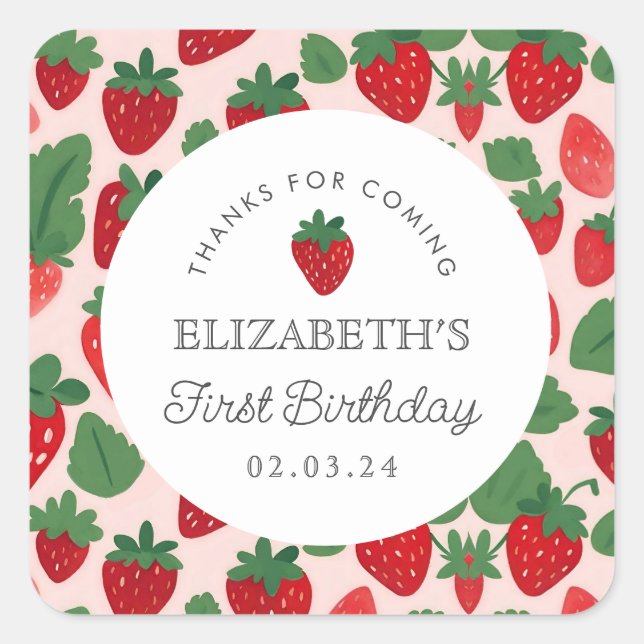 Adesivo Quadrado Strawberry Berry First Picnic Birday (Frente)