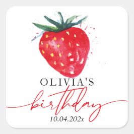 Adesivo Quadrado Strawberry Birthday personalizado Favor com Etique