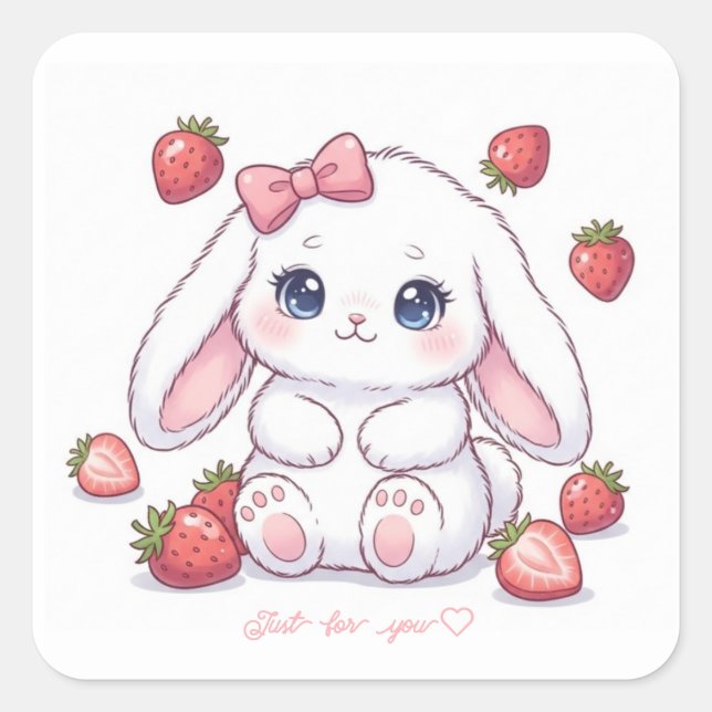 Adesivo Quadrado Strawberry Gaze Bunny - Cute Anime Eyes & Ribbon  (Frente)