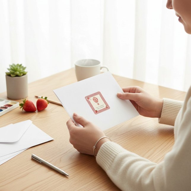 Adesivo Quadrado Strawberry Gingham Hot Air Balloon Baby Shower (Criador carregado)