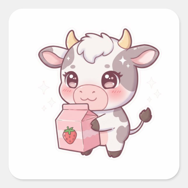 Adesivo Quadrado Strawberry Milk Cow – Kawaii Vibes Only! (Frente)