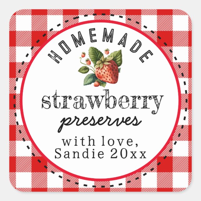 Adesivo Quadrado Strawberry Preserva Xadrez Vermelha Homemade (Frente)