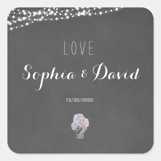 Adesivo Quadrado String Lights Mason Jar Chalkboard Weding (Frente)