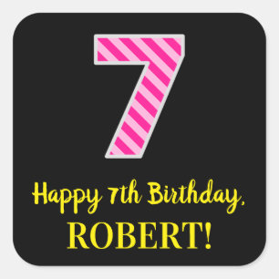Adesivo Quadrado Stripes Rosa Divertido "7": Feliz 7 Aniversário +