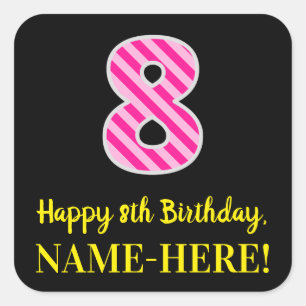 Adesivo Quadrado Stripes Rosa Divertido "8": Feliz 8.º Aniversári