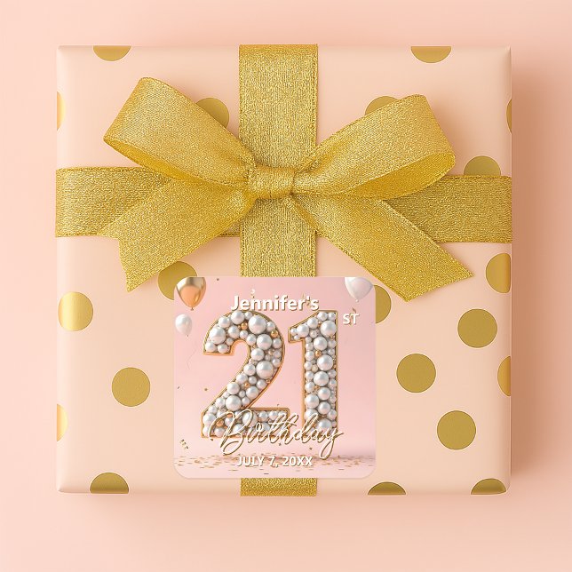 Adesivo Quadrado Stylish Blush Pink and Gold Pearly 21st Birthday (Criador carregado)