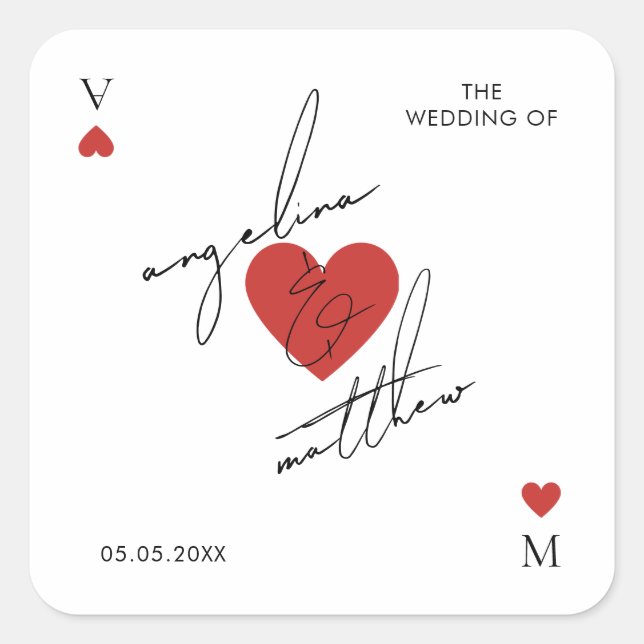 Adesivo Quadrado Stylish Script Playing Card Casino Vegas Wedding (Frente)