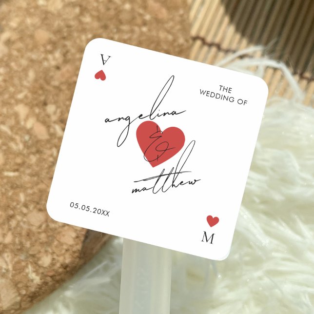 Adesivo Quadrado Stylish Script Playing Card Casino Vegas Wedding (Criador carregado)