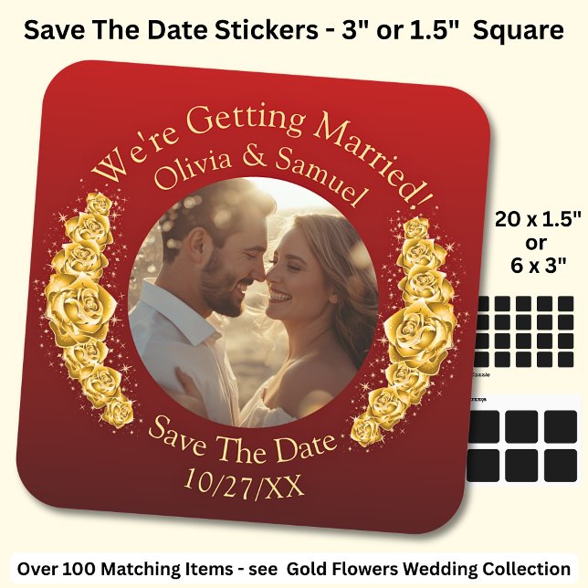 Adesivo Quadrado Sua Foto, Salve a Data, Flores Douradas Vermelho M (Criador carregado)