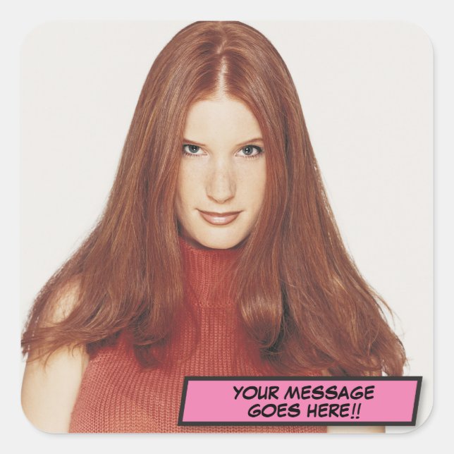 Adesivo Quadrado Sua Mensagem de Foto Divertida Arte Pop de Revista (Frente)