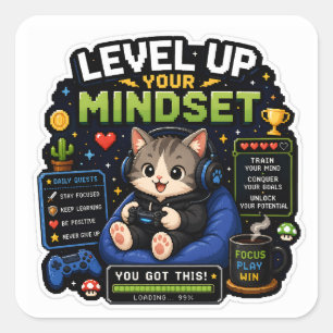 Adesivo Quadrado Suba de Nível Sua Mentalidade – Gato Pixel Gamer