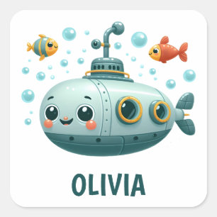 Adesivo Quadrado Submarino Fofo Sorridente com Peixes e Bolhas