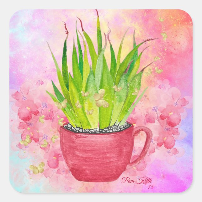 Adesivo Quadrado Suculenta Aguarela Verde com Pontas Rosadas (Frente)