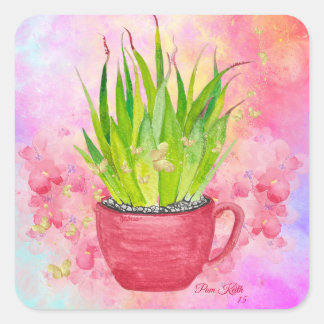 Adesivo Quadrado Suculenta Aquarela Verde com Pontas Rosadas