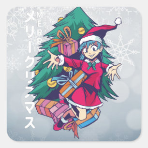 Adesivo Quadrado Suéter de Natal de Anime - Garota Feliz com Chapéu