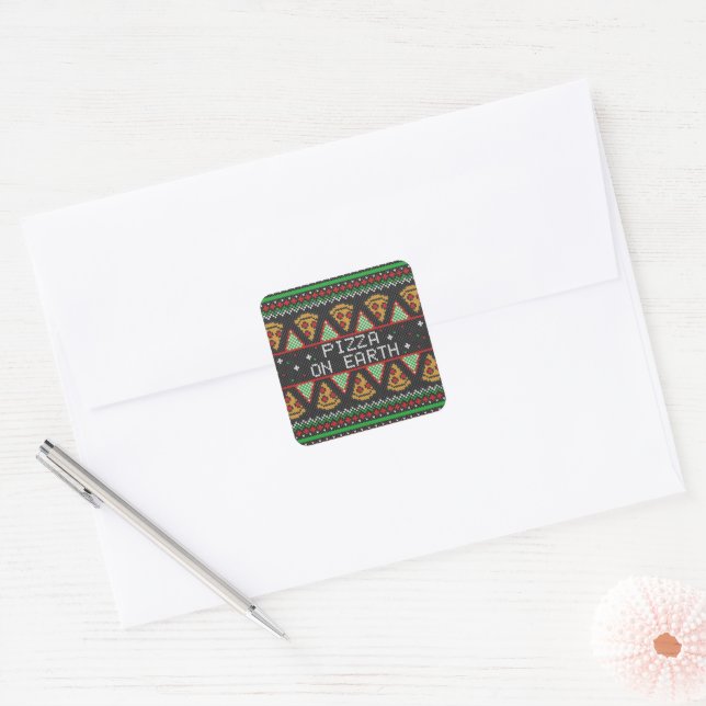 Adesivo Quadrado Suéter de Natal Feio de Pizza (Envelope)