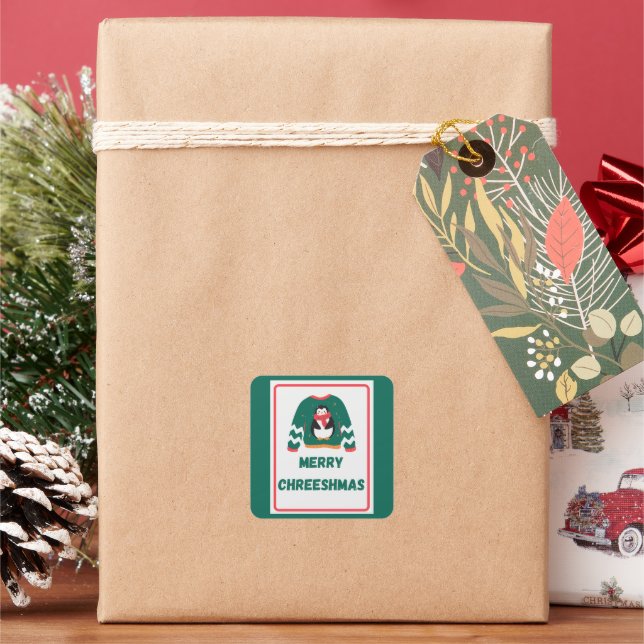 Adesivo Quadrado Suéter Pinguim de Natal feliz (Feriado)
