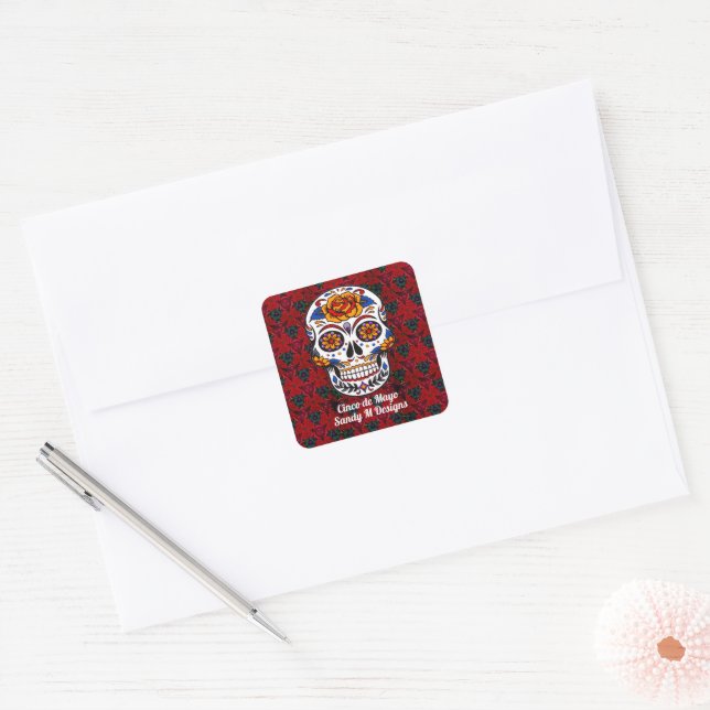 Adesivo Quadrado Sugar Skull Cinco de Mayo Red Floral Nome (Envelope)