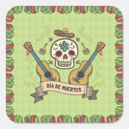 Adesivo Quadrado Sugar Skull e Guitars Dia de Muertos | Vinheta