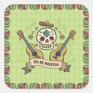 Adesivo Quadrado Sugar Skull e Guitars Dia de Muertos   Vinheta