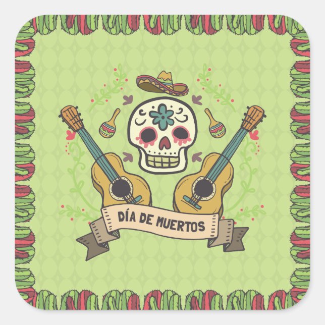 Adesivo Quadrado Sugar Skull e Guitars Dia de Muertos | Vinheta (Frente)