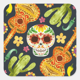 Adesivo Quadrado Sugar Skull e Guitars Dia de Muertos | Vinheta