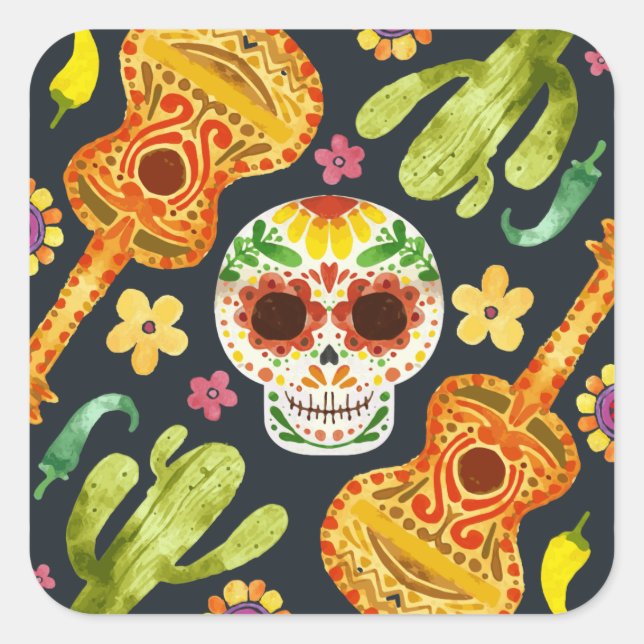 Adesivo Quadrado Sugar Skull e Guitars Dia de Muertos | Vinheta (Frente)