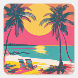 Adesivo Quadrado Summer Beach Vibe Retro Surfer Palm Trees Sunset