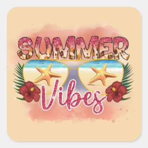 Adesivo Quadrado Summer Vibes   Design de óculos de sol da praia co