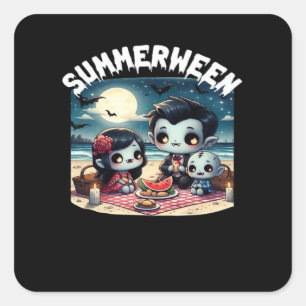 Adesivo Quadrado Summerween Com Uma Família De Vampiros Na Praia 