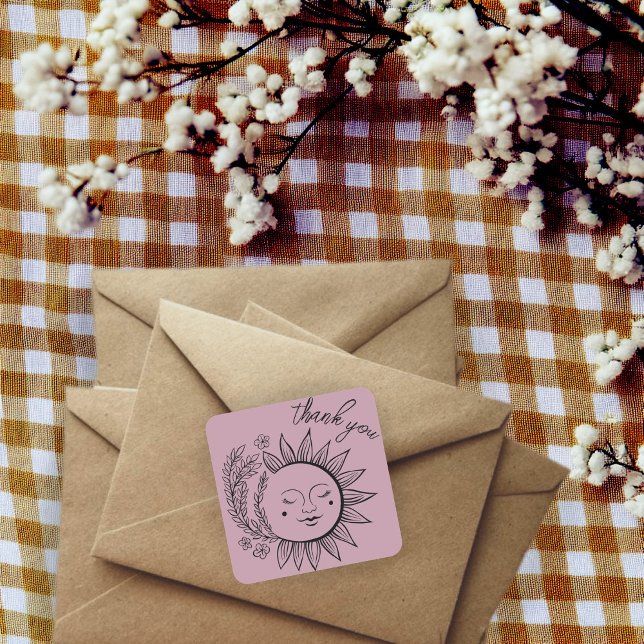Adesivo Quadrado Sun Floral Boho OBRIGADO VOCÊ Elegante Chic Dusty  (Sun Floral Boho THANK YOU Elegant Chic Dusty Rose Square Sticker
)