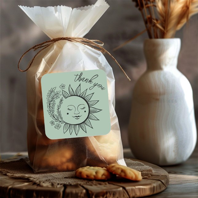 Adesivo Quadrado Sun Floral Boho OBRIGADO VOCÊ Elegante Chic Sage G (Sun Floral Boho THANK YOU Elegant Chic Sage Green Square Sticker
)