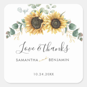 Adesivo Quadrado Sunflower Eucalyptus Greenery Casamento Obrigado