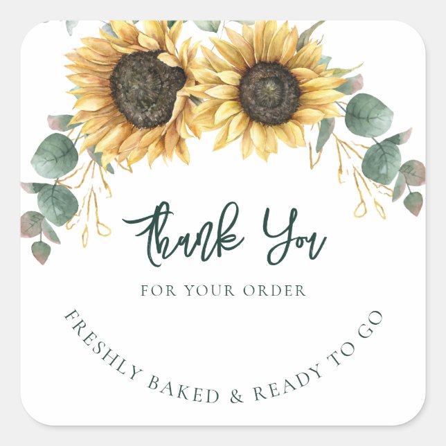 Adesivo Quadrado Sunflower Watercolor Floral Business Thank You (Frente)