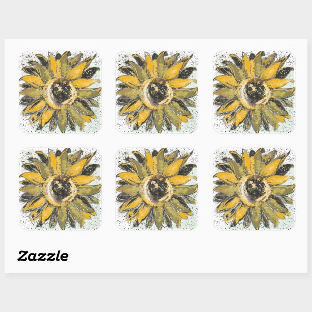 Adesivo Quadrado Sunflower Yellow Green Black Watercolor Style Art (Folha)