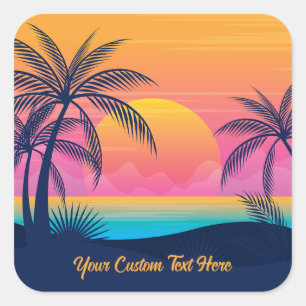 Adesivo Quadrado Sunset da Ilha Tropical de Texto Personalizado