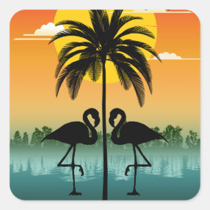 Adesivo Quadrado Sunset Silhouette Flamingo Lover Summer Vibes
