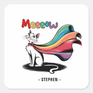 Adesivo Quadrado Super Cat Meeow - Rainbow Cape Pride Cat