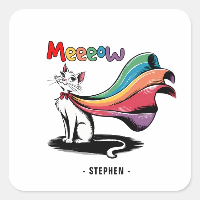 Adesivo Quadrado Super Cat Meeow - Rainbow Cape Pride Cat (Frente)