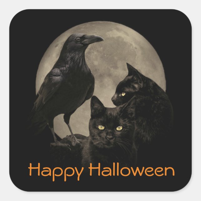 Adesivo Quadrado Super Legal Gótico Raven e Gatos Halloween (Frente)