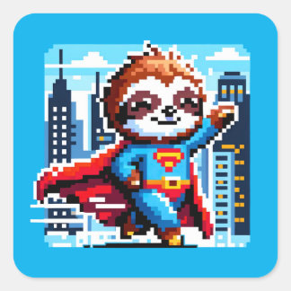 Adesivo Quadrado Super Sloth Funny Pixel Art Hero Cityscape Design