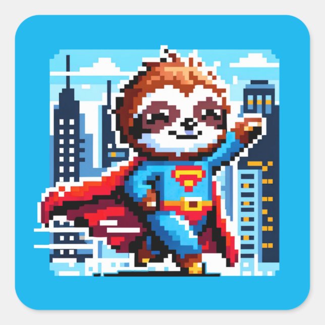 Adesivo Quadrado Super Sloth Funny Pixel Art Hero Cityscape Design (Frente)