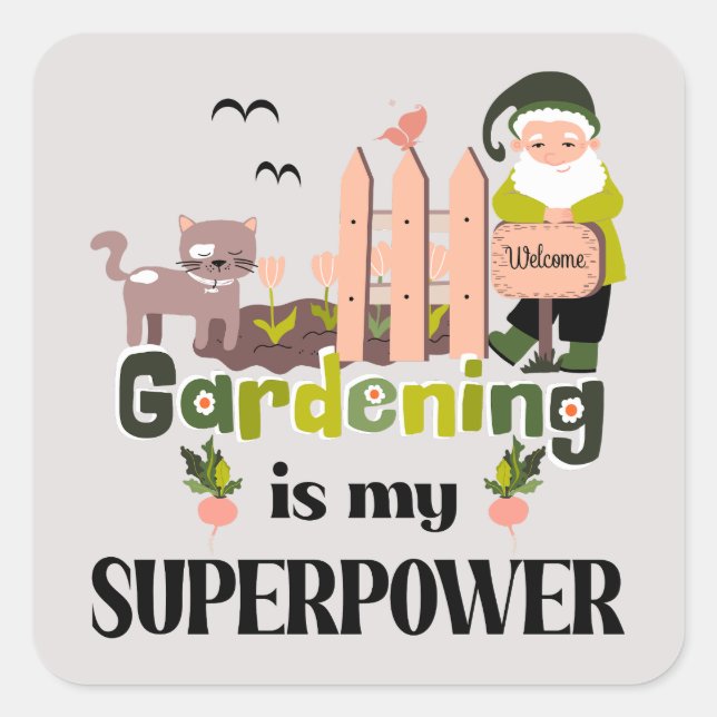 Adesivo Quadrado Superpotência de jardinagem, jardineiro-cúmulo (Frente)