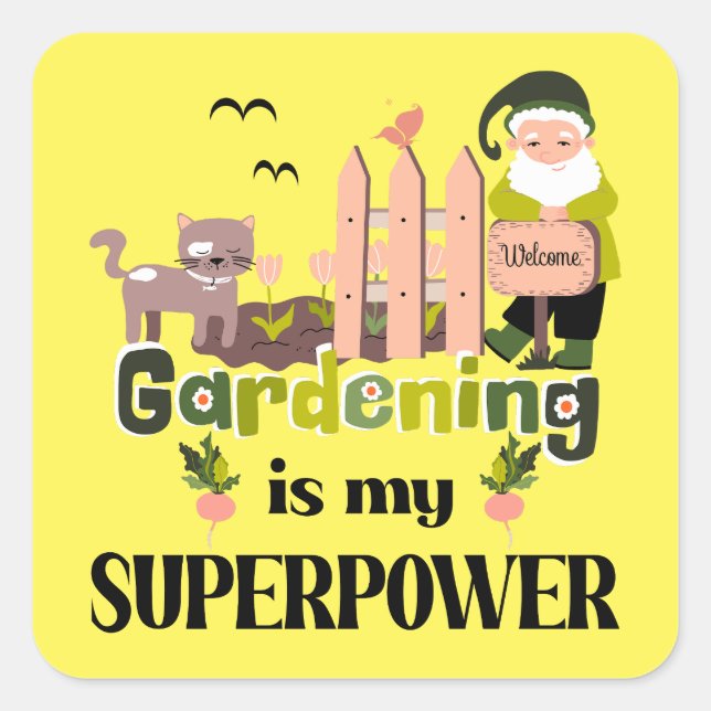 Adesivo Quadrado Superpotência de jardinagem, jardineiro-cúmulo (Frente)