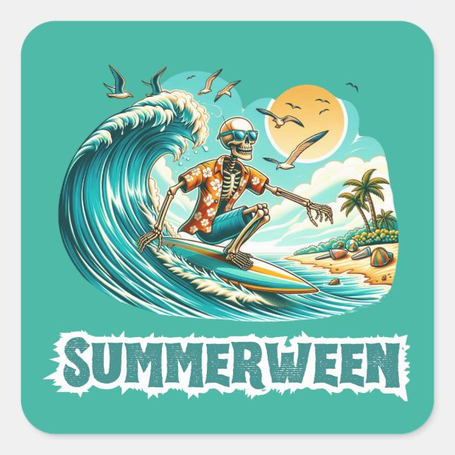 Adesivo Quadrado Surfing Skeleton Summerween Beach Vibes (Frente)