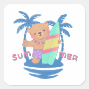 Adesivo Quadrado Surfista de Urso de Teddy Summer no Havaí