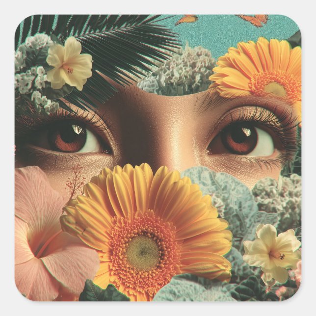 Adesivo Quadrado Surreal Eyes and Flowers with Butterflies (Frente)